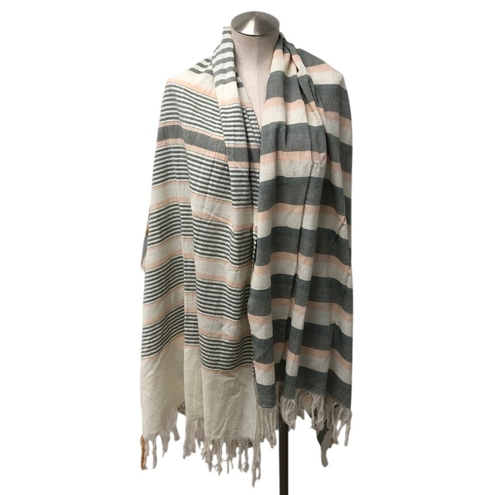 Prana Scarf Gray Peach Striped Organic Cotton Fringed Boho Earthy